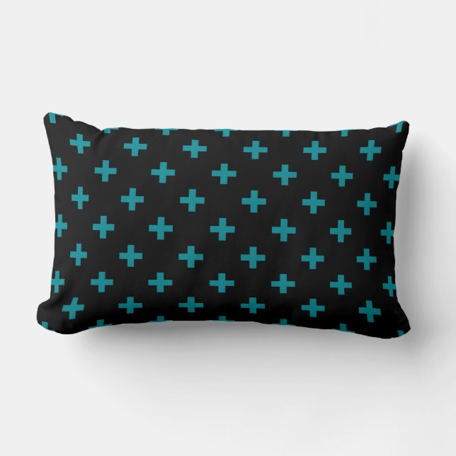 Teal polka crosses on black lumbar pillow (Front)