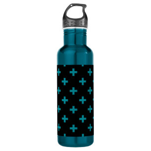 Teal polka crosses on black stainless steel water bottle