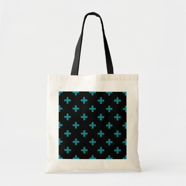 Teal polka crosses on black tote bag (Front)