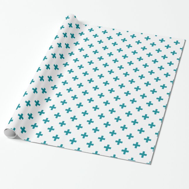 Teal polka crosses on white wrapping paper (Unrolled)