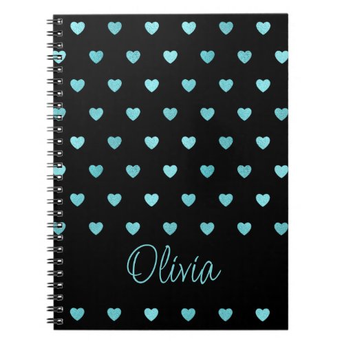 Teal Polka Dot Hearts Personalized Black Notebook