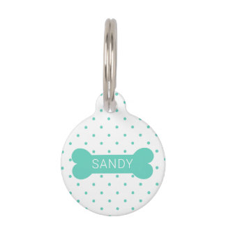 Teal Polka Dots And Dog Bone & Custom Pet Info ID Tag
