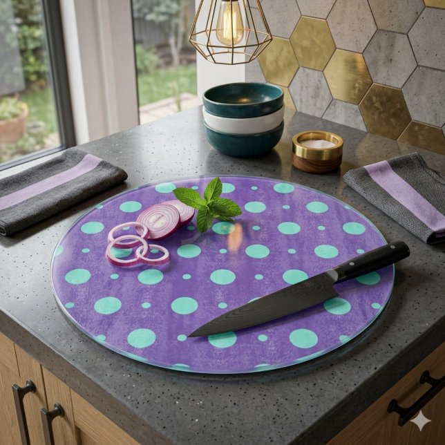 Teal Polka Dots on Purple Decorative Glass Cutting Board (Creator Uploaded)