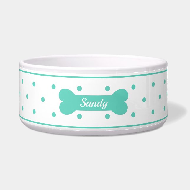 Teal Polka Dots On White With Dog Bone & Name Bowl (Front)