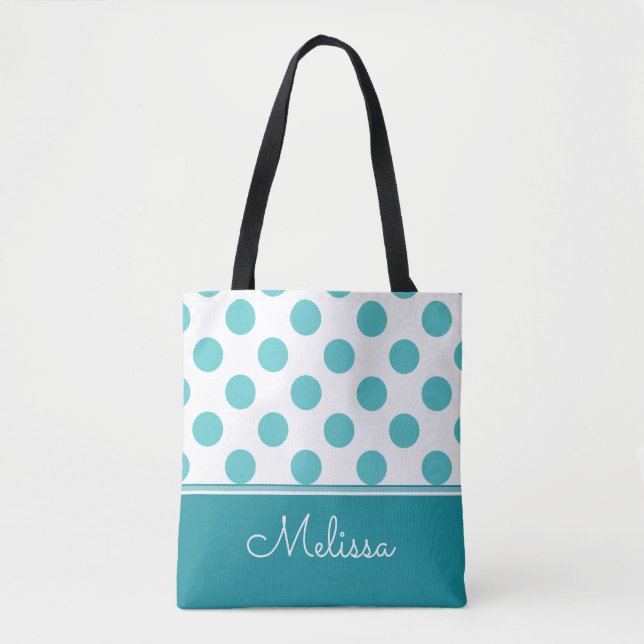 Teal Polka Dots | Personalized Tote Bag (Front)