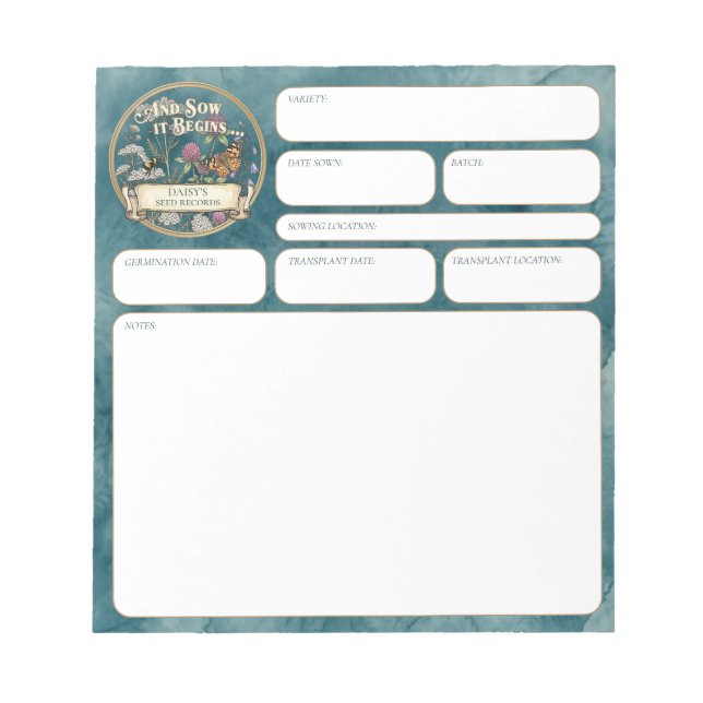 Teal Pollinator Garden Seed‑Sowing Record Notepad (Front)