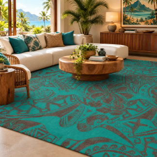Teal Polynesian Tribal Tropical Pattern Rug