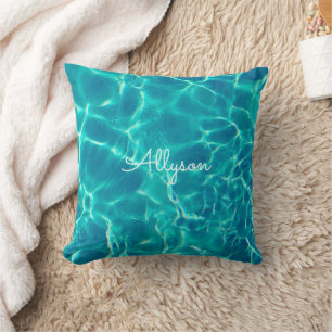 Teal Pool Water, White Name or Monogram Throw Pillow
