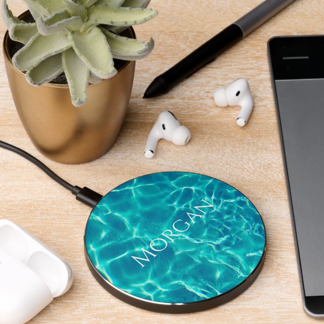 Teal Pool Water, White Name or Monogram Wireless C Charger (Desk 2)