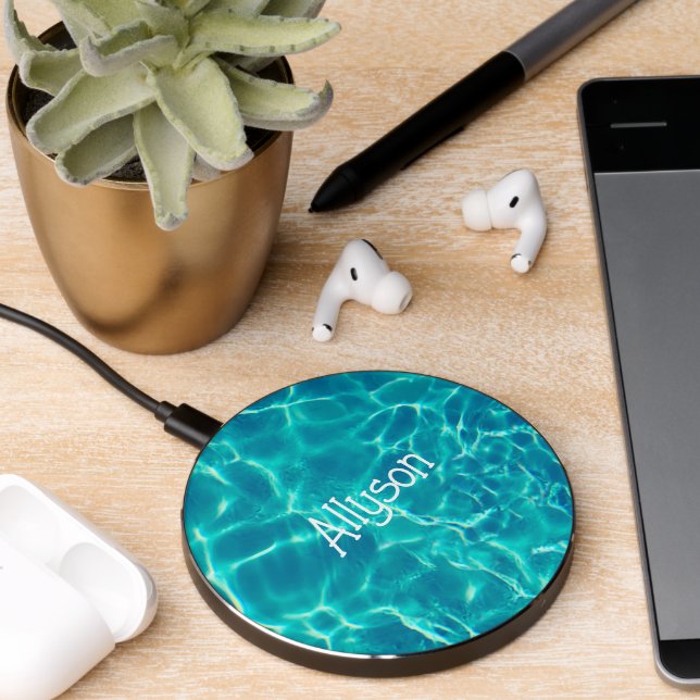 Teal Pool Water, White Name or Monogram Wireless Charger (Desk 2)