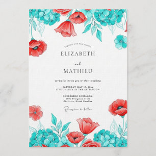 Teal Poppy Bloom Botanical Wedding Invitation