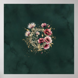 Teal Poppy Thistle Floral Medallion Poster
