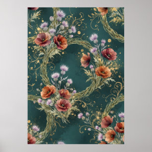 Teal Poppy Thistle Floral Wreath Poster