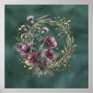 Teal Poppy Thistle Wheat Wreath Poster