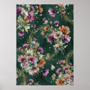 Teal Poppy Thistle Wildflower Pattern Poster