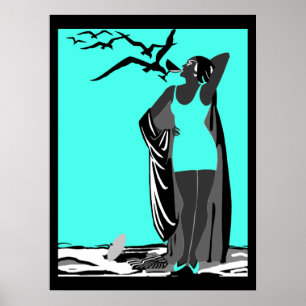 Teal Poster ART DECO LADY Black White birds