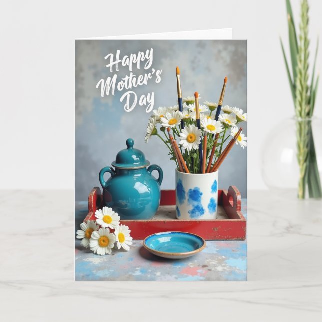 Teal Pot Daisies Mothers Day Card (Front)