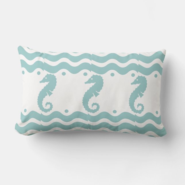 teal powder blue and white  SEAHORSE Lumbar Pillow (Front)
