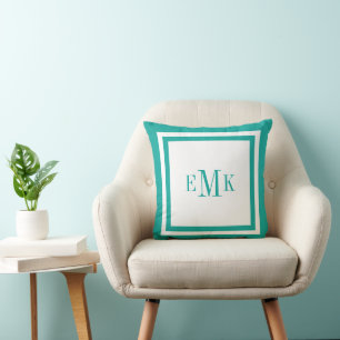 Teal Preppy Ribbon Dots Custom Monogram Throw Pillow