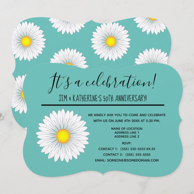 Teal Pretty Little Daisy 50th Wedding Anniversary Invitation (Front/Back)