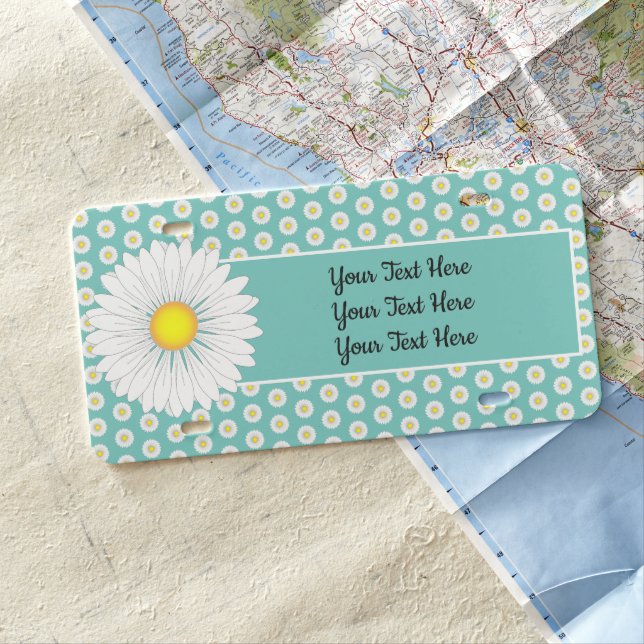 Teal Pretty Little Daisy Custom Text License Plate (In Situ)