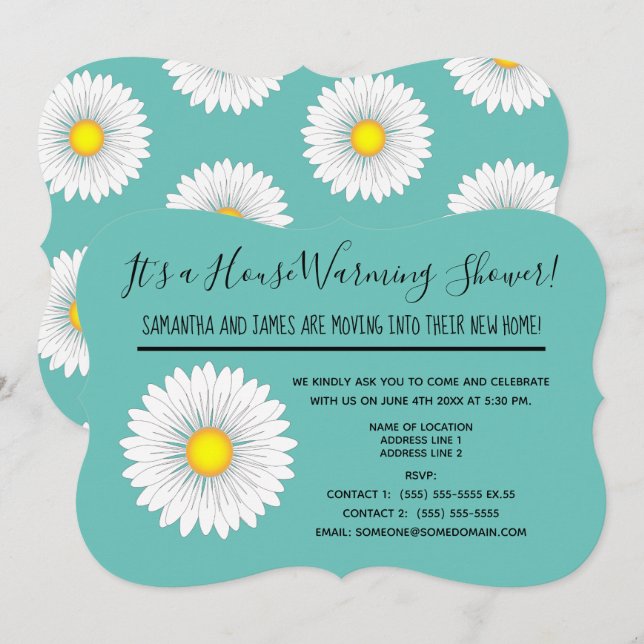 Teal Pretty Little Daisy House Warming Shower Invitation (Front/Back)