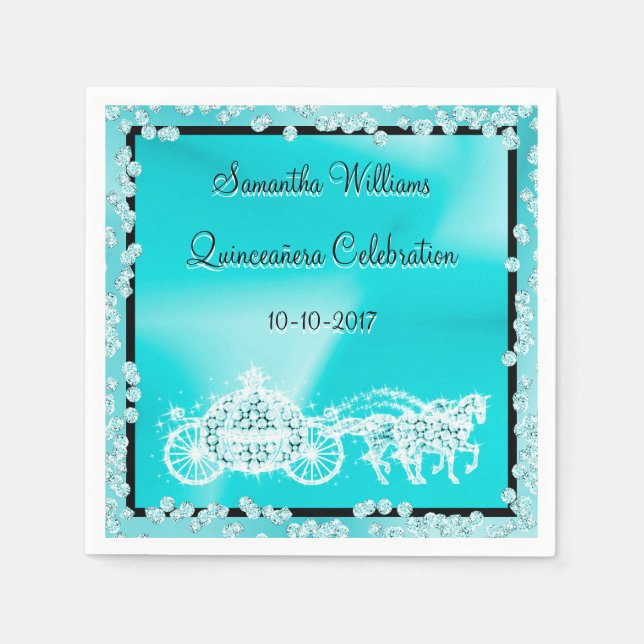 Teal Princess Coach & Horses Quinceañera Paper Napkins (Front)
