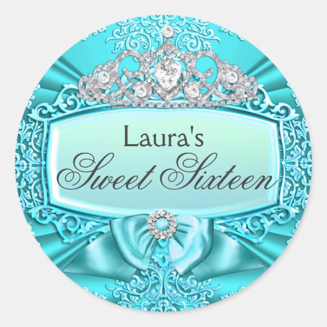 Teal Princess Tiara & Damask Sweet 16 Sticker (Front)