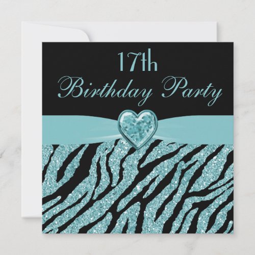 Teal Printed Heart  Zebra Glitter 17th Birthday Invitation