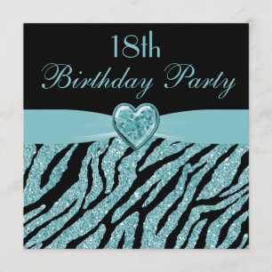 Teal Printed Heart & Zebra Glitter 18th Birthday Invitation