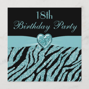 Teal Printed Heart & Zebra Glitter 18th Birthday Invitation