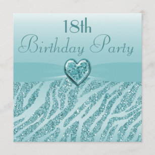 Teal Printed Heart & Zebra Glitter 18th Birthday Invitation