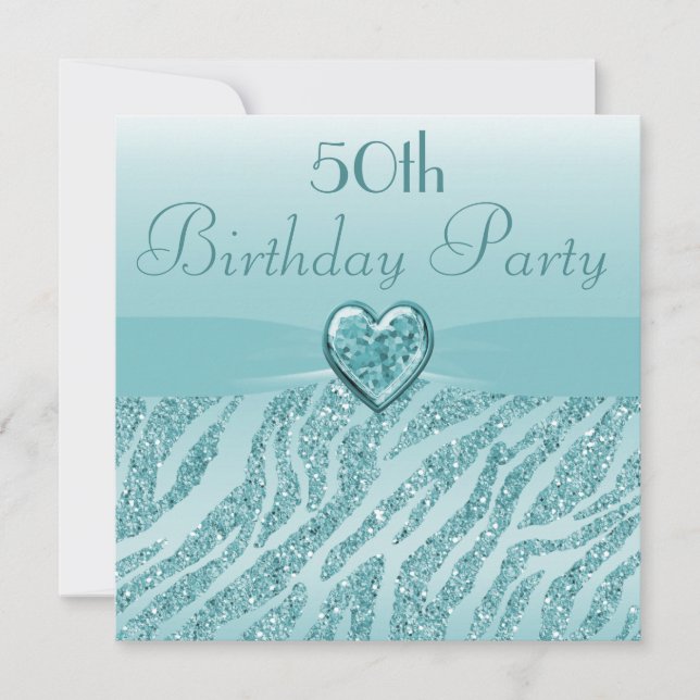 Teal Printed Heart & Zebra Glitter 50th Birthday Invitation (Front)