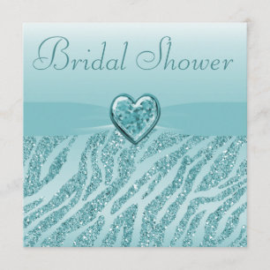Teal Printed Heart & Zebra Glitter Bridal Shower Invitation