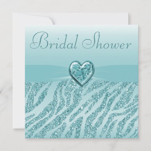 Teal Printed Heart  Zebra Glitter Bridal Shower Invitation