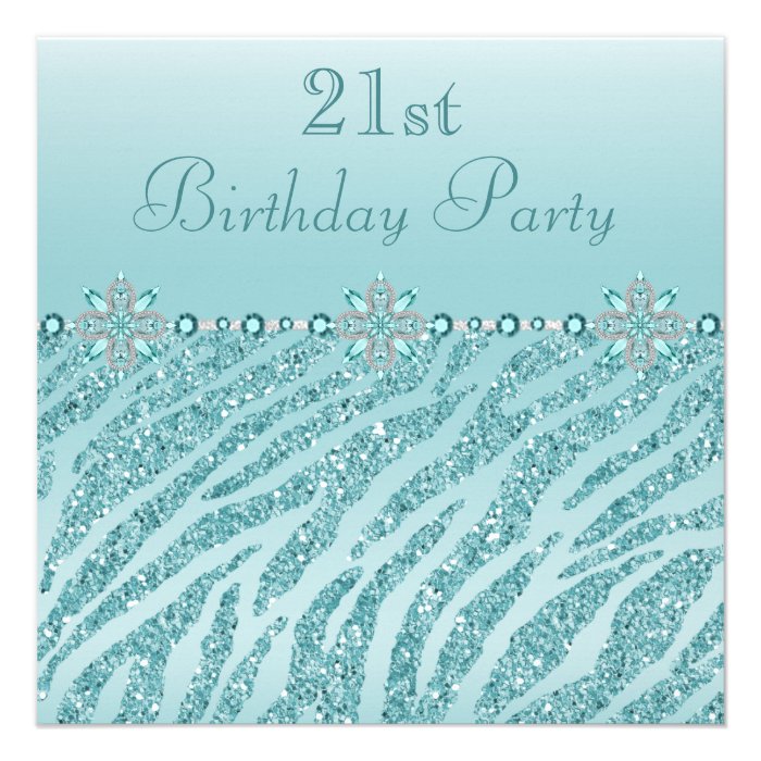Teal Printed Jewels & Zebra Glitter 21st Birthday Invite