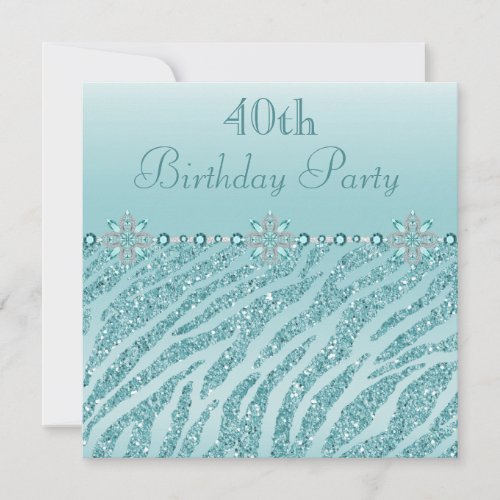 Teal Printed Jewels  Zebra Glitter 40th Birthday Invitation