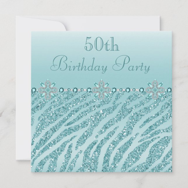 Teal Printed Jewels & Zebra Glitter 50th Birthday Invitation (Front)