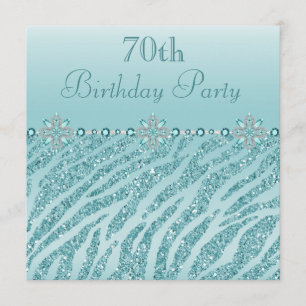 Teal Printed Jewels & Zebra Glitter 70th Birthday Invitation