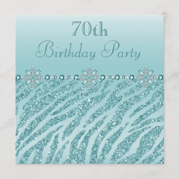 Teal Printed Jewels & Zebra Glitter 70th Birthday Invitation by GroovyGraphics at Zazzle