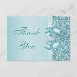 Teal Printed Sequins Bow & Diamond Thank You Card