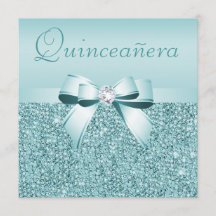 Teal Printed Sequins & Bow Quinceanera