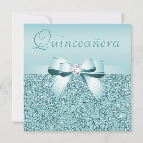 Teal Printed Sequins  Bow Quinceanera Invitation