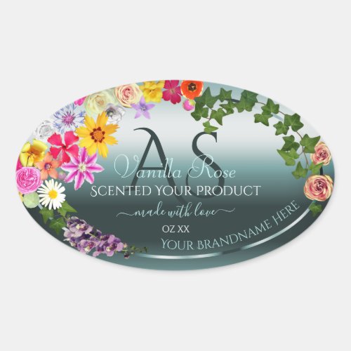 Teal Product Labels Colorful Flowers with Initials