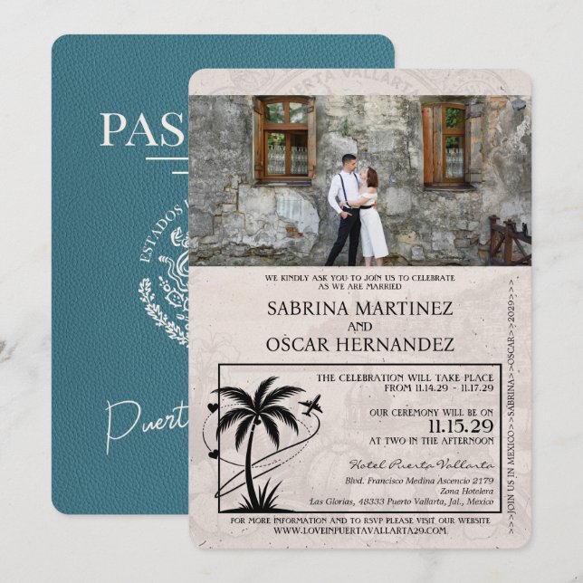 Teal Puerta Vallarta Passport Wedding Invitation (Front/Back)