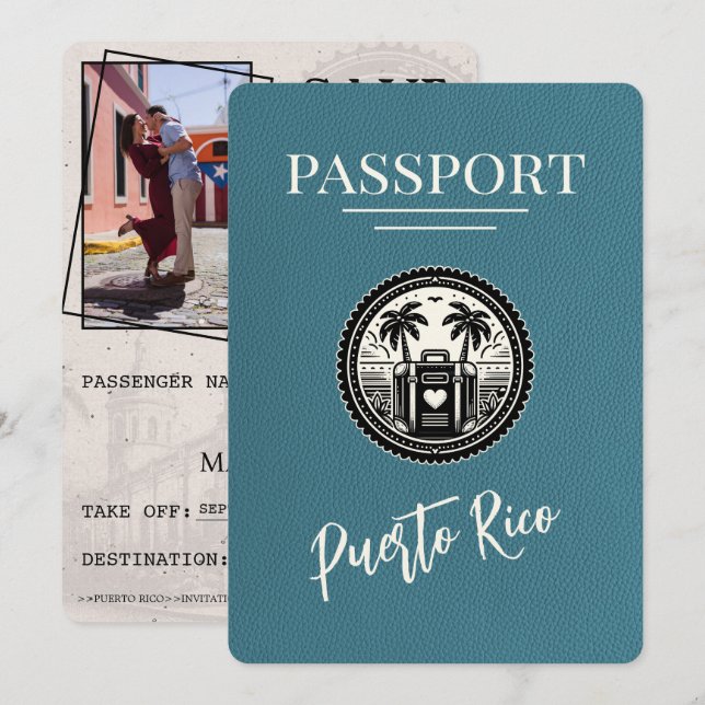 Teal Puerto Rico Passport Save The Date (Front/Back)