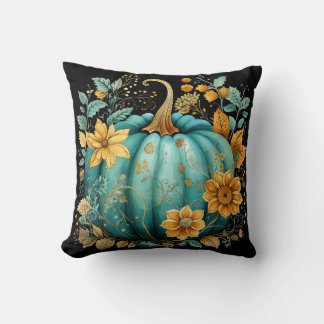 Teal Pumpkin Autumn Boho Fall Black Throw Pillow