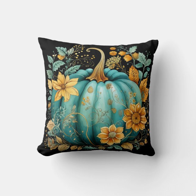 Teal Pumpkin Autumn Boho Fall Black Throw Pillow (Front)