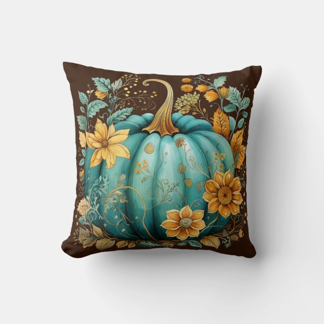 Teal Pumpkin Autumn Boho Fall Brown Throw Pillow (Front)