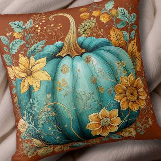 Teal Pumpkin Autumn Boho Fall Caramel Throw Pillow